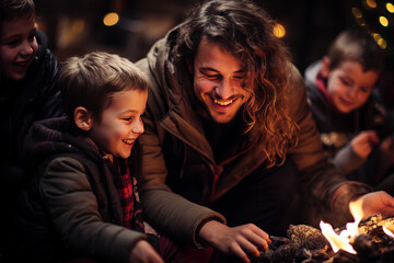 Obraz na płótnie Canvas Father and children by the bonfire on Christmas Day. Christmas concept. Generative AI