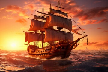 Obraz premium Pirate ship sailing on the ocean at sunset. Vintage cruise.
