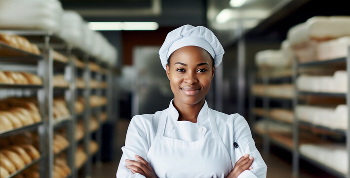 Young african american female baker standing at workplace on baking manufacture.
