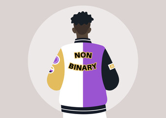 A young character donning a bomber jacket designed to show support for the LGBTQ community, adorned with the vibrant colors of the pride flag and embellished with patches and pins endorsing tolerance