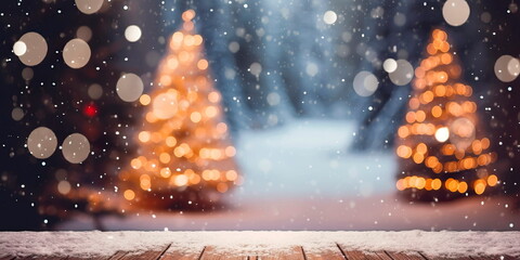 Magic Glowing Lights In Background And Snowflakes Christmas Tree With Snow . Generative AI