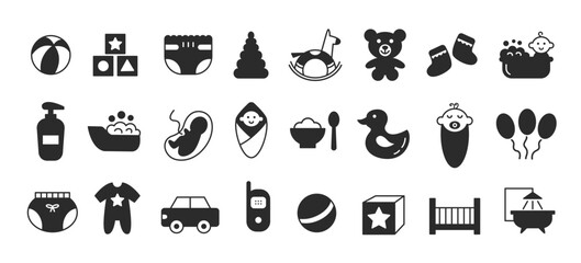 Newborn Baby Accessories, Goods Glyph Icons Set.