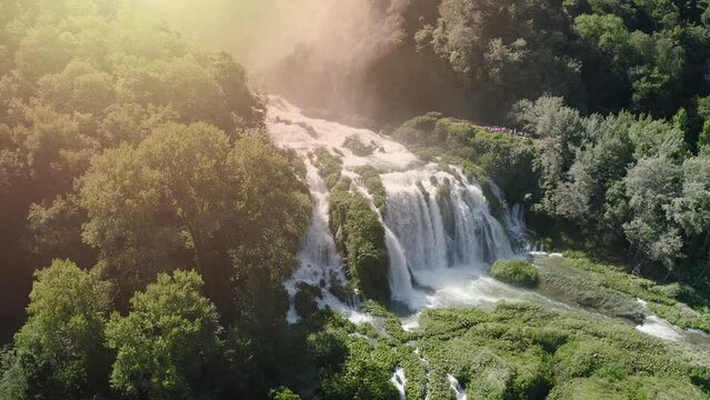 Panoramic aerial view at dawn of the Marmore waterfalls in Umbria