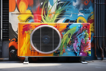 On an urban canvas, an air conditioner takes a vibrant graffiti form, channeling both street art...