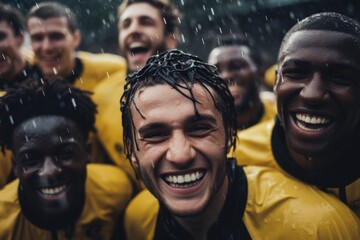 Portrait of a male soccer team having practice during rain - obrazy, fototapety, plakaty