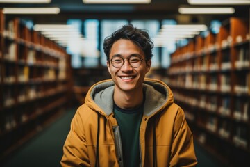 Portrait of a young male student in a library
