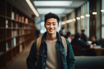 Portrait of a young male student in a library