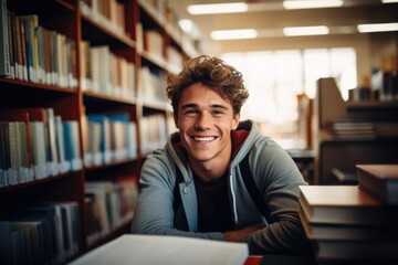 Portrait of a young male student in a library - obrazy, fototapety, plakaty