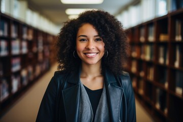 Portrait of a young female student in a library