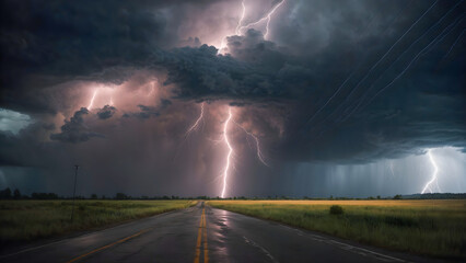 AI generated photo of a violent thunderstorm with lightning in the sky, open field 