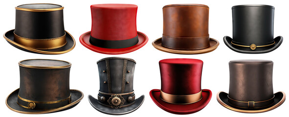 Collection of vintage top hats. Cylinder hats, cut out - obrazy, fototapety, plakaty
