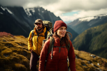 Happy young couple of tourists against the backdrop of stunning mountain landscape. Cheerful hikers in modern bright outfits with backpacks walking along mountain path. Active sports and travel.