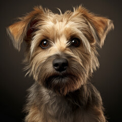 Fotografia con detalle de pequeño perro de raza terrier con tonos marrones y fondo oscuro