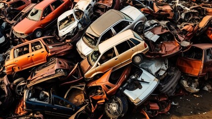 Fototapeta premium Generative AI, Car dump with a lot of broken used cars