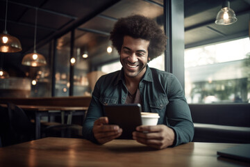 Fototapeta na wymiar Portrait of cheerful African American businessman in casual clothes with smartphone and cup of coffee. Happy smiling mature man, successful entrepreneur or employee working in office or coworking cafe