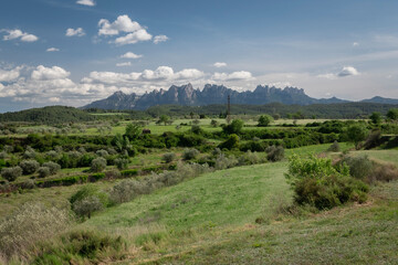 Paisaje con prados y campos verdes y la montaña de Montserrat de fondo