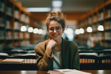 Portrait of a young female student in a library - obrazy, fototapety, plakaty