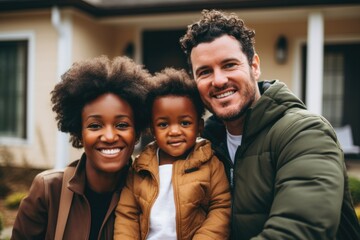 Portrait of a young mixed family standing in front of a house
