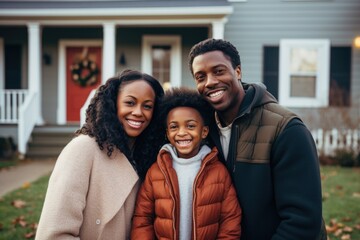 Portrait of a young family standing in front of a house