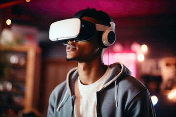 Young man wearing a virtual reality headset
