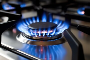 Gas stove with burner, blue flame. AI Generated.