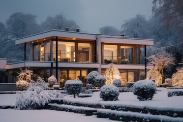 Winter Wonderland: Modern Home Amidst Snowy Serenity