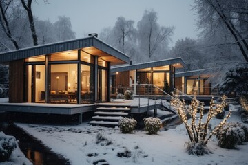 Fototapeta na wymiar Winter Wonderland: Modern Home Amidst Snowy Serenity