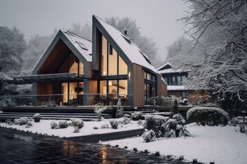 Winter Wonderland: Modern Home Amidst Snowy Serenity