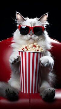 Naklejki Funny cat food box theater film cinema cute entertainment popcorn pet movie animal