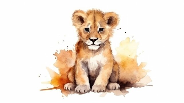 Cute 3D little lion with big eyes kids cartoon illustration digital artwork isolated on white. Funny baby lion, watercolor for, package, postcard, brochure, book