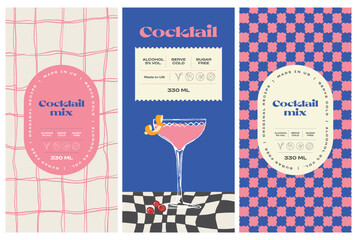 Vector hand drawn cocktail packaging label design template set for cafe or restaurant. Vector beverage package badges set