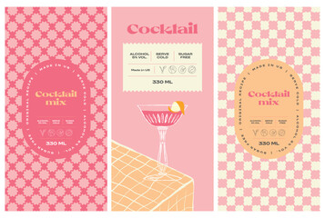 Vector hand drawn cocktail packaging label design template set for cafe or restaurant. Vector beverage package badges set