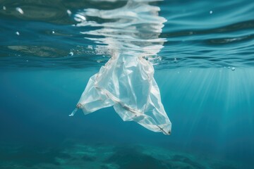 Naklejka premium Plastic Bag Drifting in Ocean Waters: Environmental Concern