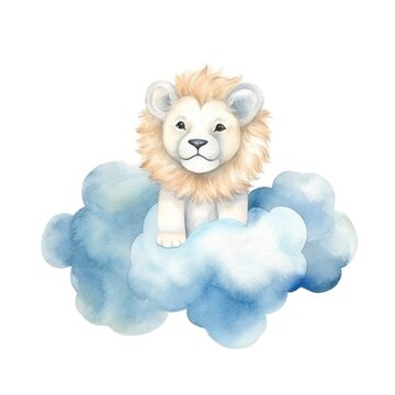 Cute 3D little lion flying on a cloud kids cartoon illustration digital artwork isolated on white. Funny baby lion, hand drawn watercolor for package, postcard, brochure, book