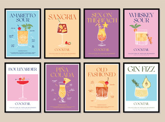 Fototapeta na wymiar Set of printable posters of cocktail illustrations. An illustration of classical drinks in different types of glasses. Vector illustration of popular cocktails. Banner with soft and alcohol drinks. 
