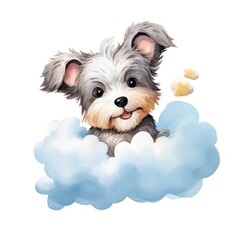 Cute 3D little puppy with big eyes flying on a cloud kids cartoon illustration digital artwork isolated on white. Funny baby dog, watercolor for, package, postcard, brochure, book