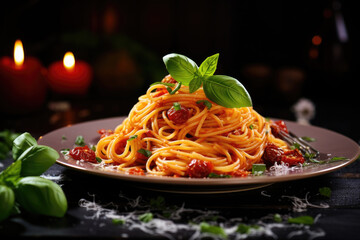 Italian pasta on plate with basil leaves. Spaghetti bolognese on dark background.