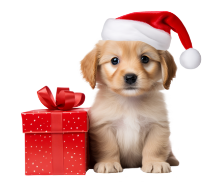 Cute puppy with festive red gift boxes cut out on transparent background. Giving Tuesday, Christmas gifts or boxing day