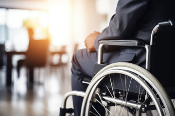 Disabled businessman in wheelchair in office workplace. Concept of inclusive employment and equality in business - obrazy, fototapety, plakaty
