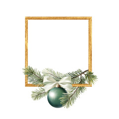 Christmas frame with fir branch and Christmas ball. Illustration for greeting card and invitation