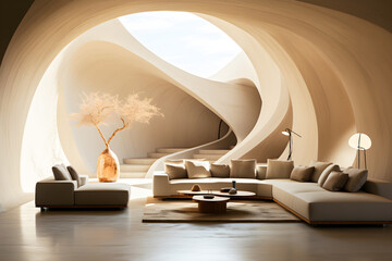 Minimalist home interior design of modern living room with abstract concrete paneling arched wall