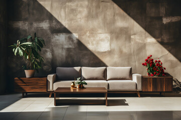 Living room interior mockup with wooden furniture, gray sofa and blank concrete wall.