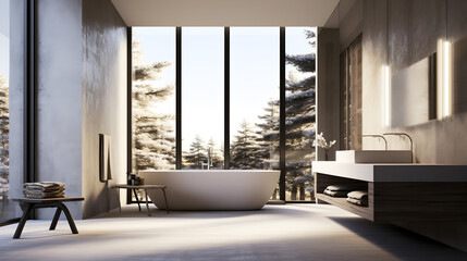 Modern bathroom interior with wall of windows and snowy forest outside