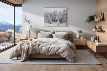 Modern bedroom interior in a minimal style with wooden furniture. a great mountain view