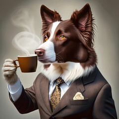 border collie dog in a suit drinking coffee 