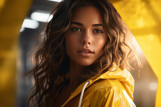 Close-up portrait of a beautiful young woman wearing a yellow raincoat with a hood during the rain outside. Attractive Caucasian girl with a confident and dreamy expression during the rainy weather.