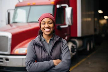 Foto op Plexiglas Portrait of a smiling female truck driver in the parking lot © Baba Images