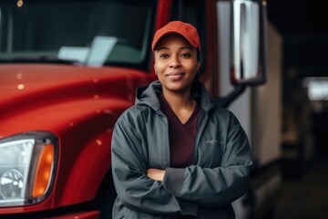 Portrait of a smiling female truck driver in the parking lot