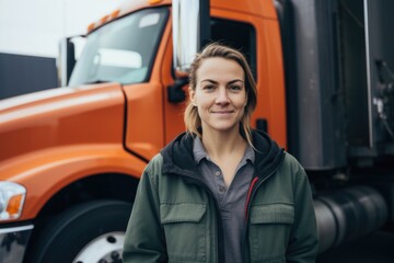 Portrait of a smiling female truck driver in the parking lot