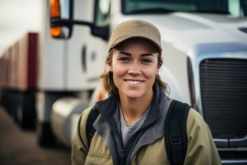 Portrait of a smiling female truck driver in the parking lot